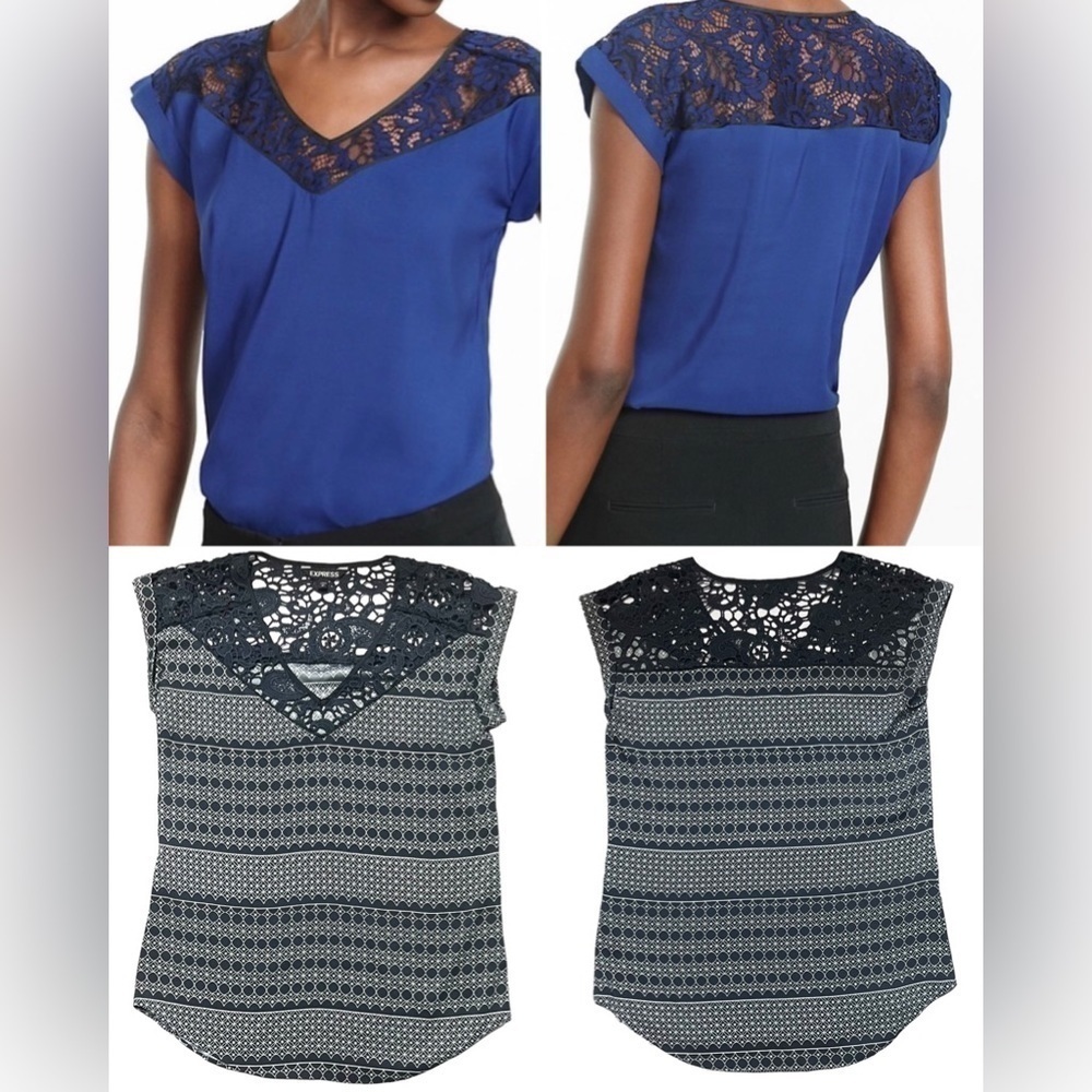 Express Lace Yoke V-neck Blouse Top Size Small Blue Off White Black Flowy Cuffed